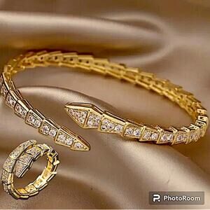 Gold Zircon Snake Bangle Bracelet Ring Set, Luxury
